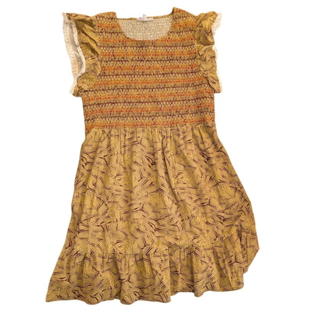 THML Womens Dress Size L Brown Tan Leaf Print Smocked Ruffle Sleeve Casual
